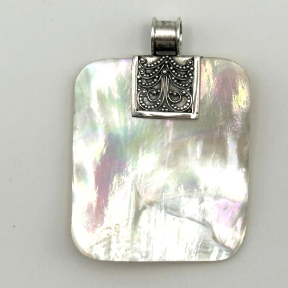 Vintage Pendant 925 Sterling Silver Mother of Pearl Large Modernist 2 in